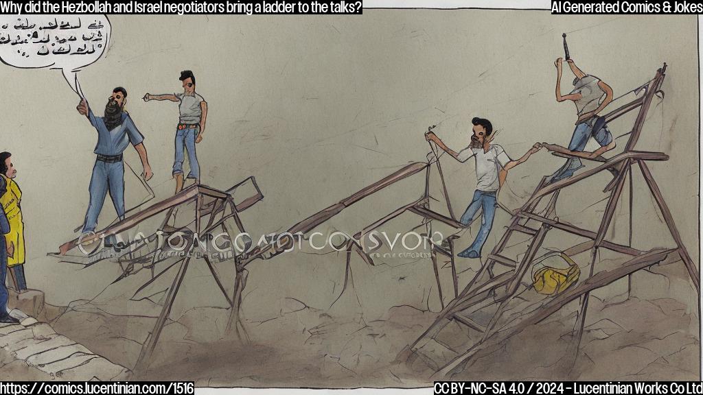 a cartoon of two people (one from Hezbollah, one from Israel) standing on either side of a ladder with a line drawn at the top, representing the 60-day ceasefire period