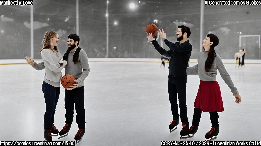 a romantic couple, one with a basketball in hand and the other with an ice skating rink in background, both with happy expressions on their faces, standing side by side, with a ladder leaning against them