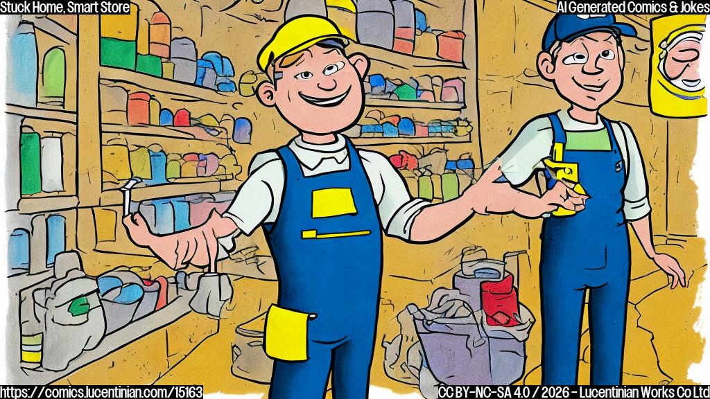 A plain color cartoon style drawing. A person with a slightly exasperated but determined expression is standing beside an unfinished wall section in their home, holding a measuring tape. Next to them, a cheerful store worker in a bright, generic work vest holds up a paint swatch chart with an encouraging smile. The background is a simple, solid color. The scene implies ongoing home renovation.