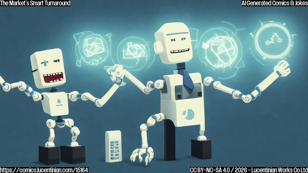 Plain color cartoon style. A cheerful, simplistic cartoon character representing the financial market, depicted as a person in a neat business suit with a wide smile, looking upward. Beside them, a friendly, blocky, super-smart data processing system, visualized as a simple robot with a glowing screen for a head showing a positive emoticon, has one arm raised, pointing directly upwards. The space around them is filled with numerous bold, green arrows all pointing towards the top of the frame, signifying growth. Background is a soft, plain light yellow.