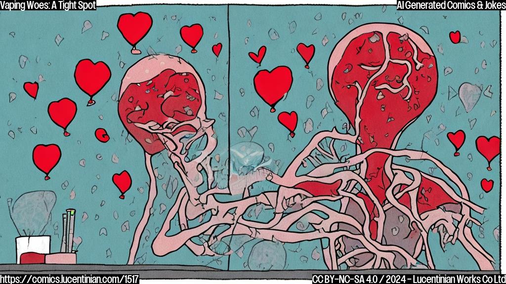 A cartoon of a blood vessel with a worried expression, clutching a tube of nicotine liquid, surrounded by tiny hearts breaking and balloons popping, with a faint image of a therapist's couch in the background.