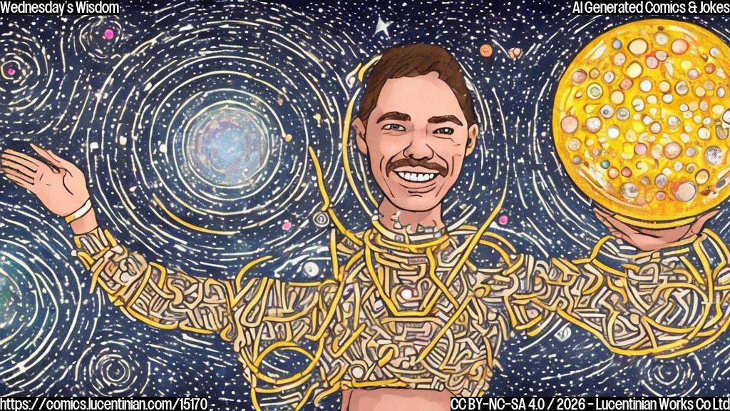A generic, smiling, human-like figure with a crystal ball and a starry night sky in the background, surrounded by colorful planetary symbols and arrows pointing towards different directions. The figure should have a curious expression and be wearing a casual outfit.