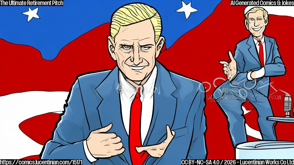A plain color cartoon style illustration of a powerful, older male politician with distinct blonde hair, wearing a dark suit and a red tie. He stands behind a simple light blue podium with a dark microphone. He is gesturing emphatically with one hand, a wide, confident smile on his face. In the background, there is a plain red banner that reads 'New Retirement Plan'. The overall image uses bold, flat colors with clear outlines.