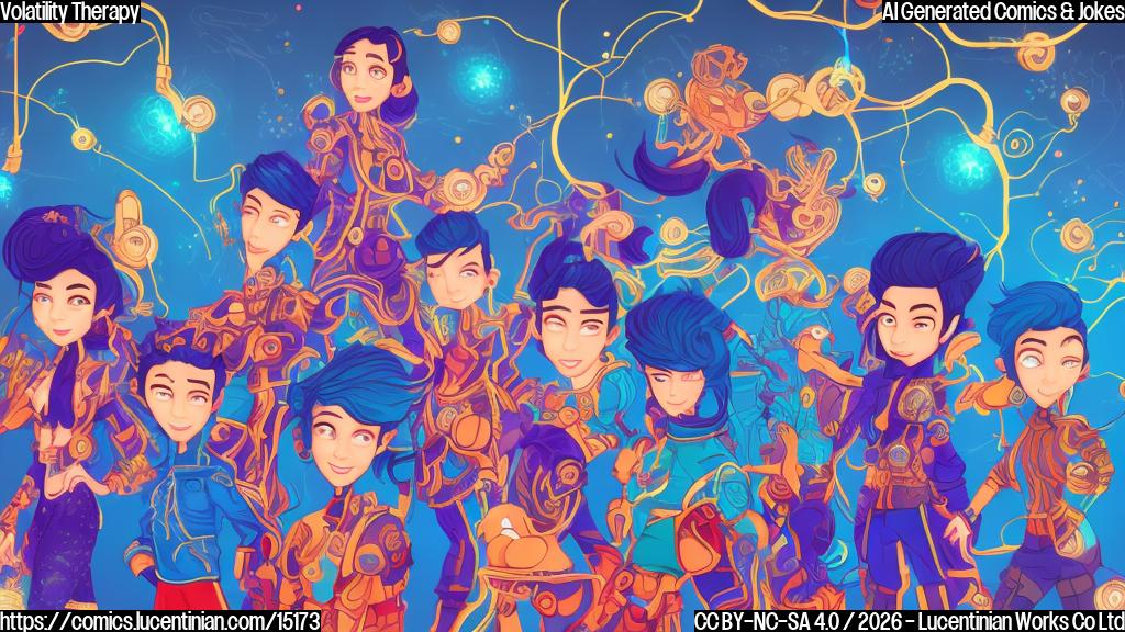 a group of stylized, simplified characters with Asian-inspired clothing and hairstyles standing in front of a bright blue or purple background, with a few circuit boards or wires subtly integrated into the design