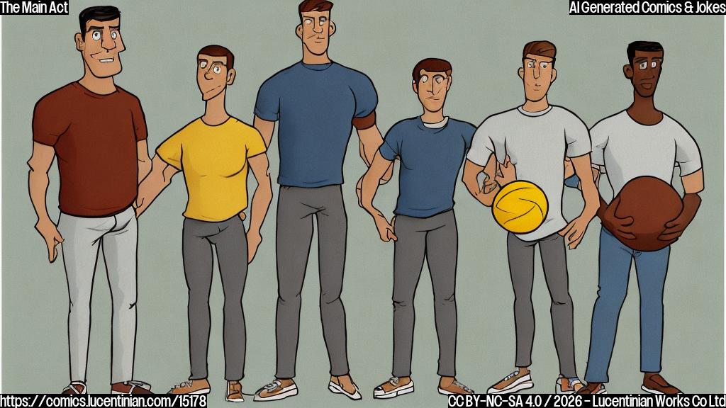 A plain color cartoon showing a very tall, muscular man with a strong, square jawline and a confident, slightly smug smile. He is wearing a simple, plain athletic t-shirt and athletic pants, and casually holding a small, brown football in one hand. He stands in the center of the frame, looking relaxed. Flanking him on either side are two slightly shorter men in plain dark business suits with slicked-back hair. These two men are leaning eagerly towards the football thrower, holding briefcases and displaying wide, almost frantic smiles, as if trying to impress him. The background is a simple, generic meeting room with muted colors, suggesting a busy conference atmosphere. The overall style is clean and cartoony.