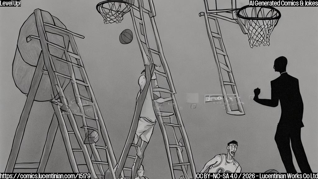 Draw a plain color cartoon style picture of a basketball coach standing on top of a ladder, with a confident expression and a basketball hoop in the background.