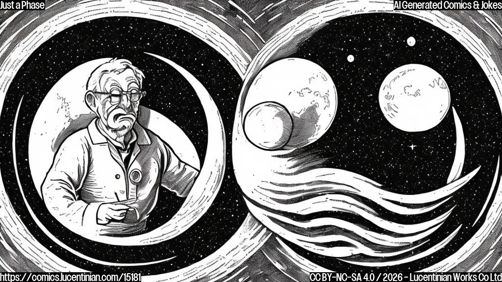 Plain color cartoon style illustration. A human figure, appearing calm and slightly smiling, with round spectacles on their face and dressed in a white lab coat, stands looking upwards. In the dark sky above, a large, round celestial body is visible, colored in deep red and partially obscured by a dark shadow, signifying a total lunar eclipse. The overall atmosphere is peaceful.