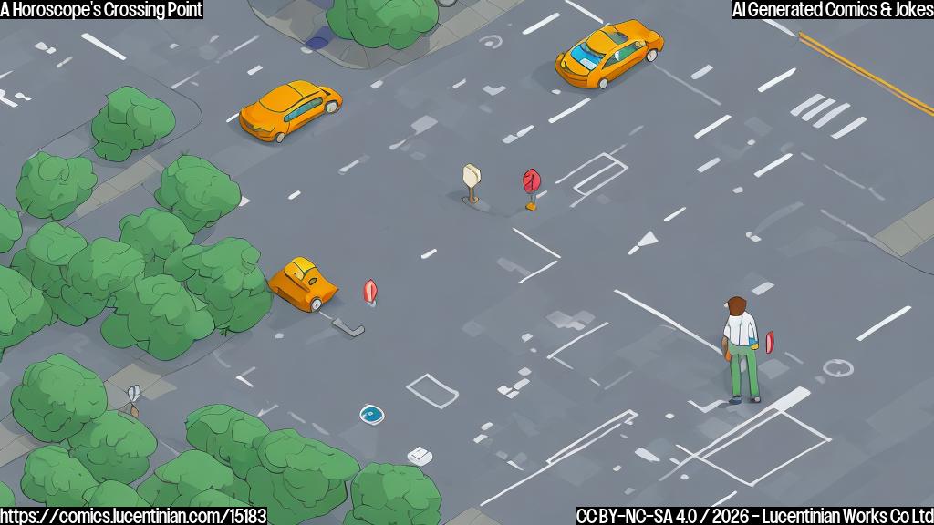 A simple, plain color cartoon drawing of a person with a round head, a basic body shape wearing a plain green shirt and blue trousers. This person is standing in the middle of a pedestrian crossing on a busy street, looking down intently at a square white object resembling a newspaper or tablet held in their hands. The background shows simplified, blocky cars and buildings in muted colors, emphasizing the street crossing.