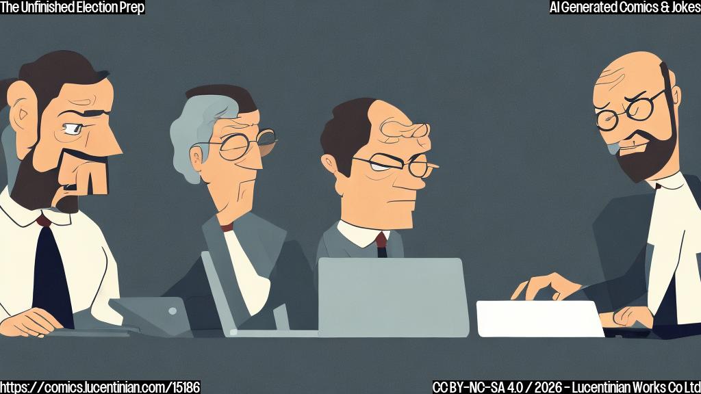 A plain color cartoon style illustration. A slightly balding, middle-aged character in a smart dark suit and a light-colored shirt, with a slightly furrowed brow showing a hint of exasperation. They are seated at a minimalistic desk, looking at an open laptop. The laptop screen clearly displays text like 'Online Course: Election Preparedness - Module 1 (Introduction)'. The background is a solid, muted color, emphasizing the character and the screen. No complex details or shadows.