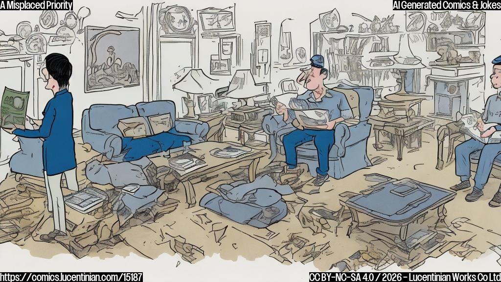 A plain color cartoon style illustration. Two distinct characters are depicted in a simply furnished living room. On the left, a slightly rotund individual of indeterminate age, wearing a plain blue button-up shirt and grey trousers. They have wide, concerned eyes and are holding an open newspaper in their hands. The newspaper's headline is clearly visible and reads "Major Losses Reported." On the right, an older person with thinning white hair, wearing a simple red cardigan and beige slacks, is on their hands and knees, peering intently under a brown sofa. Their hand is reaching out, and their facial expression shows mild frustration, indicating they are searching for something small. The background is a solid, light color.
