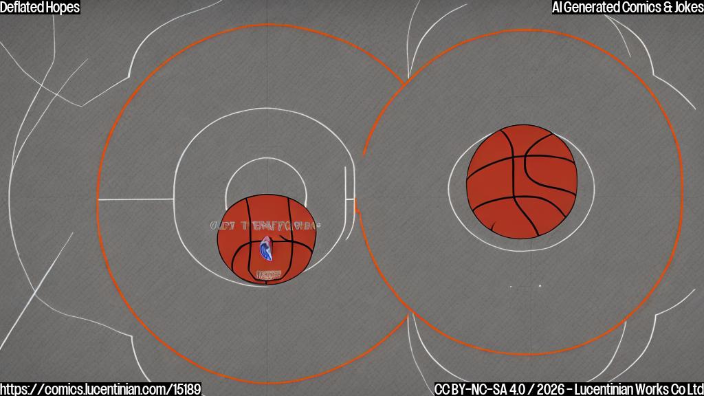 A plain color cartoon of a basketball court. In the center, a large, very deflated basketball lies flat on the court, appearing completely flattened and wrinkled. Next to it, a small, sad-looking figure resembling a basketball player, wearing a simple team uniform (red shorts and a white jersey), is sitting on the court with their head in their hands, conveying deep disappointment. In the background, a large scoreboard displays "74 - 57". The court is a flat brown, the deflated basketball is a dull orange, the player's uniform is simple red and white, and the scoreboard is a pale blue with bold dark numbers.