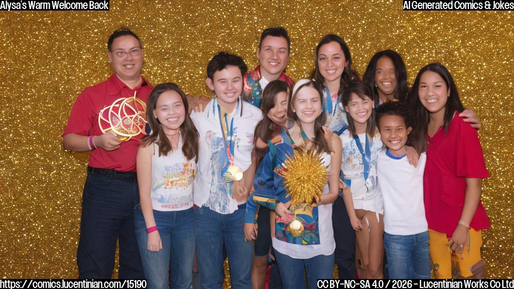 A young girl with a big smile and short, spiky hair, holding a gold medal and standing in front of a colorful background with a warm and sunny California landscape. The girl is surrounded by people who are smiling and taking photos with her, including her proud family members.