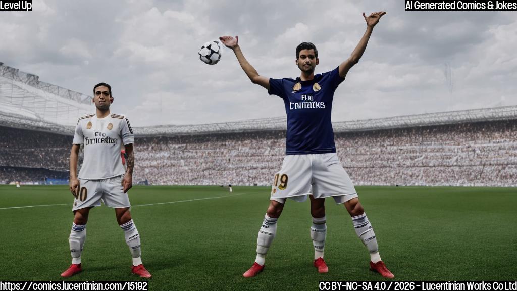 A man with a determined expression, wearing a white and red jersey (the colors of Real Madrid), is standing on top of a soccer field. He has a large ladder behind him, with the Santiago BernabÃ©u stadium visible in the background. The man's arm is raised in triumph, with his hand holding a soccer ball.