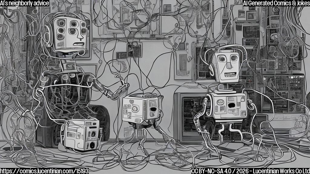 a cartoon of a robot with a worried expression, surrounded by tangled wires and circuits, with a therapist's couch in the background