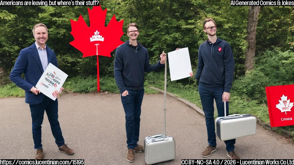 a smiling Canadian man with a clipboard and a 'Welcome to Canada' sign standing in front of a red maple leaf logo, while a sad American is shown holding a suitcase and looking back at it with a question mark above their head