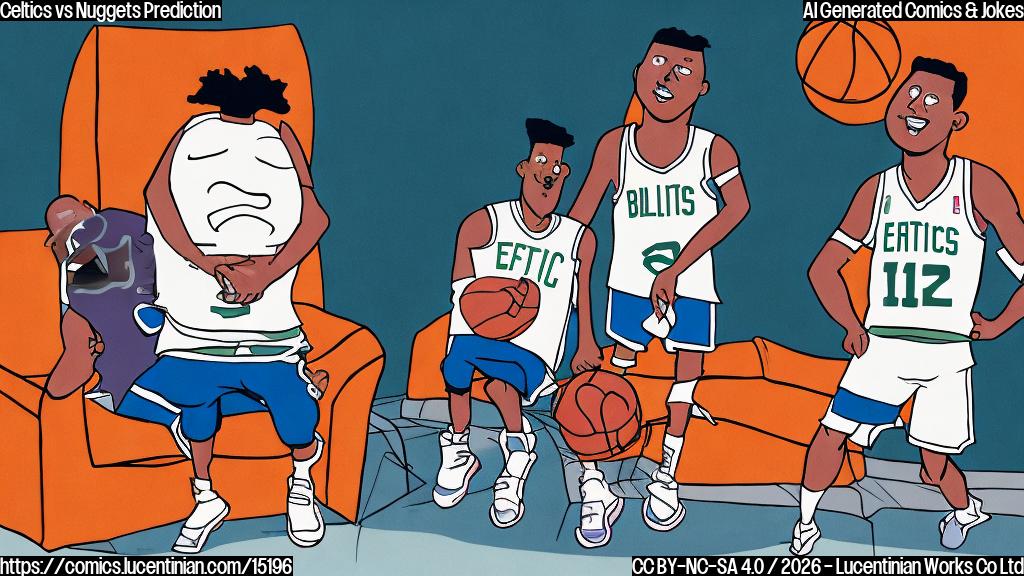 A cartoon of a basketball with a sad face, surrounded by two basketball players from different teams (one in Celtics jersey and one in Nuggets jersey), with a therapist's couch in the background, filled with empty chairs.