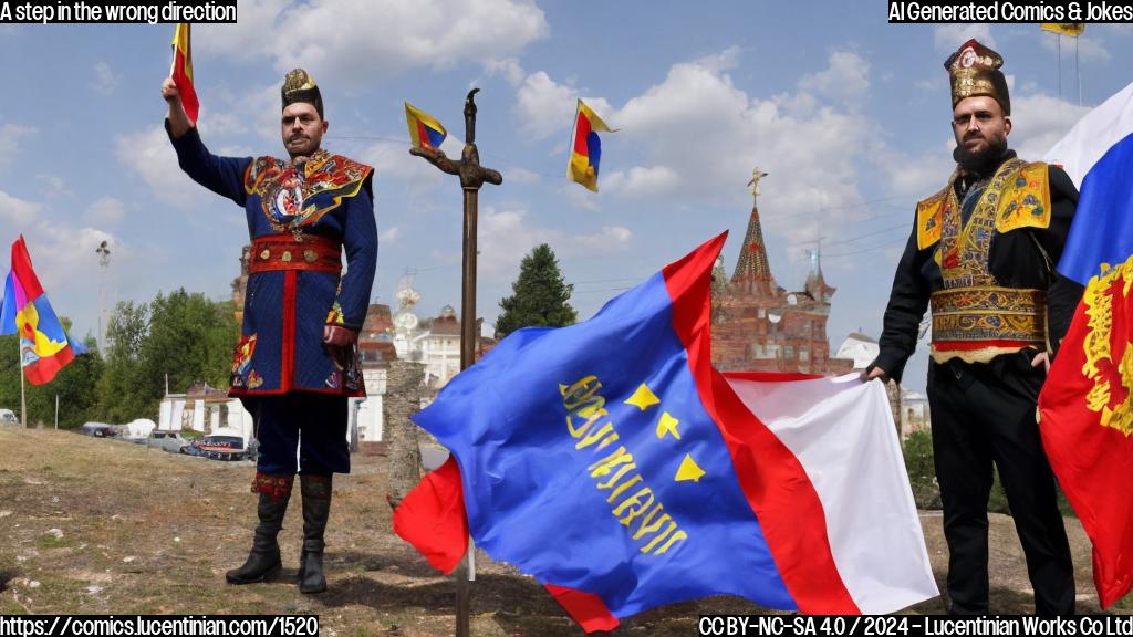 A far-right politician, dressed in traditional Romanian attire with a stern expression, standing on a ladder near a polling station, while a Roman flag waves behind him, and another figure in the background holding a "Stop Russia" sign.