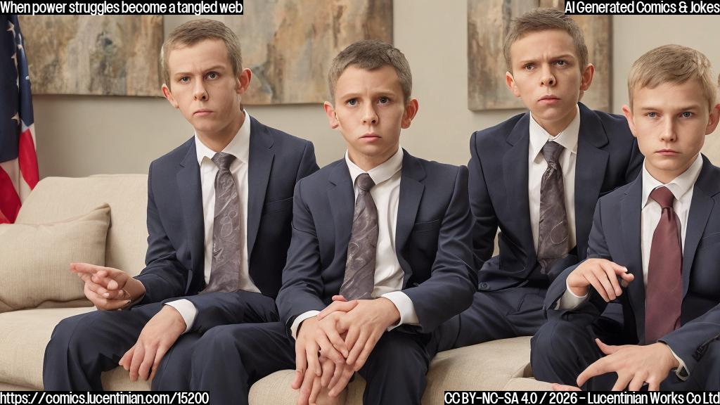 A middle-aged man with a stern expression, dressed in a tailored suit, sitting on a couch between two younger versions of himself. The older version has a red tie and is holding a remote control, while the younger versions have similar expressions but are wearing slightly different suits.