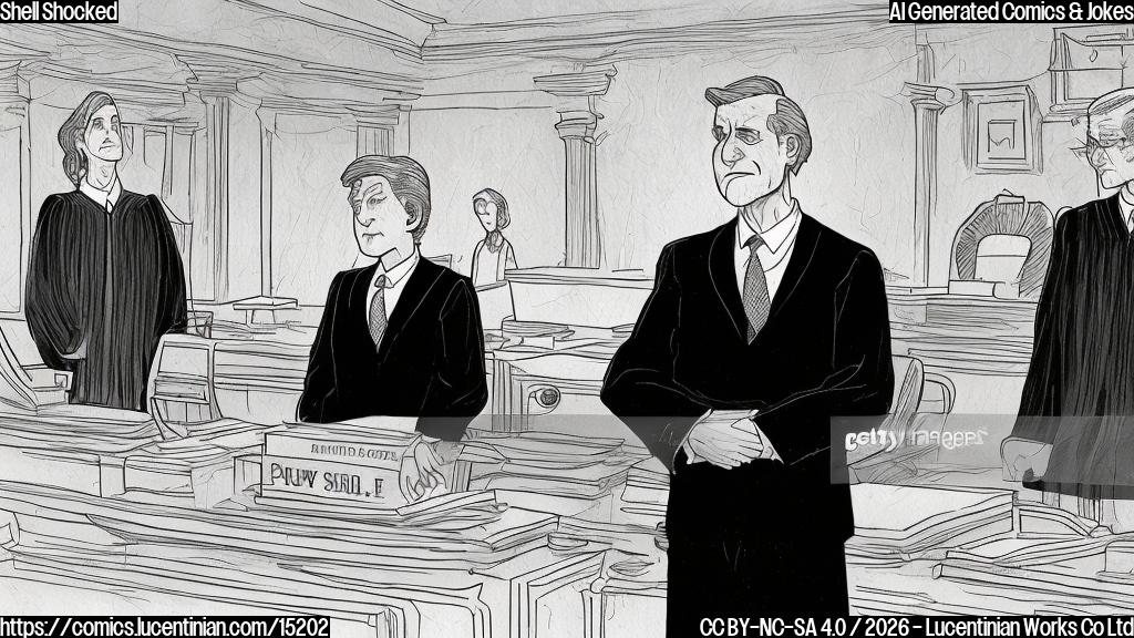 Illustrate a cartoon of a person (likely a lawyer) wearing a "shell" suit and holding a briefcase, standing in front of a judge's bench with a stern expression. The background should have a subtle image of a politician (e.g., Lutnick or Hillary Clinton) in the distance, looking anxious. The overall style should be playful and cartoonish, conveying the idea of "shelling out" for representation.