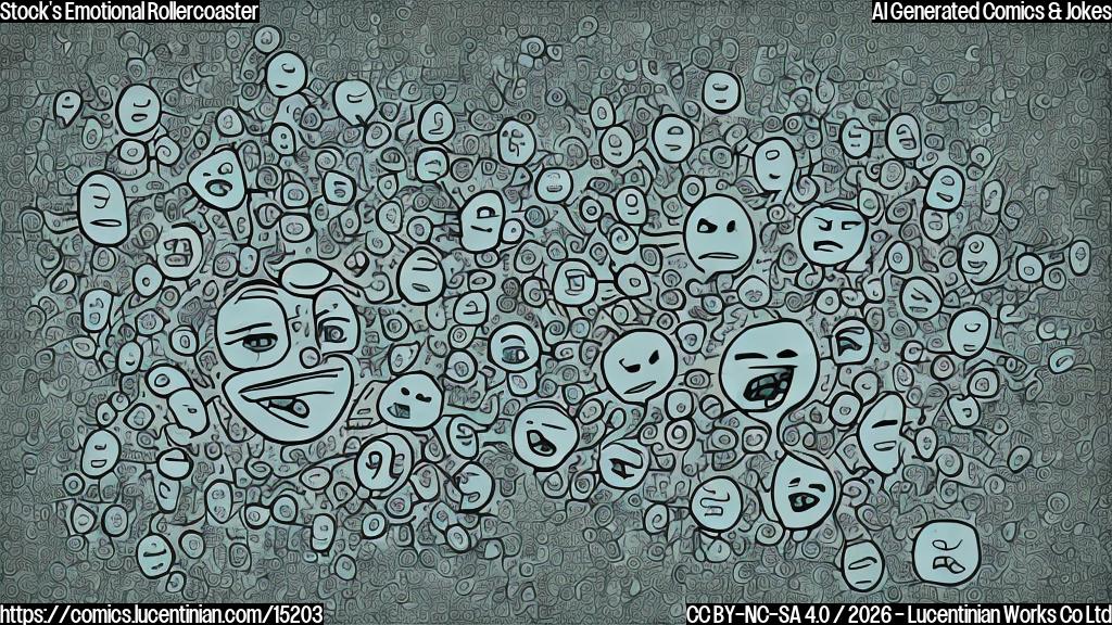 A cartoon style image of a smiling stock graph with a thought bubble, looking worried and uncertain, surrounded by faint lines indicating fluctuations in the market, and a faint image of a therapist's couch in the background.