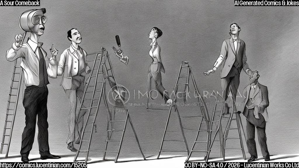 Illustrate a cartoon of two people, one standing on a ladder and holding a microphone, with a heated look on their faces. The other person is standing below, looking up at them with a hint of annoyance.