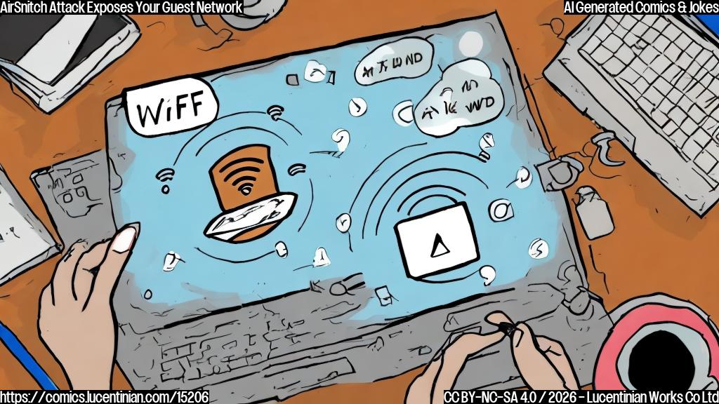 Draw a cartoon style picture of a person sitting in front of a computer screen displaying an unsecured Wi-Fi network, with a thought bubble showing a person in the background looking worried and holding a password book, surrounded by blurred-out Wi-Fi router symbols.