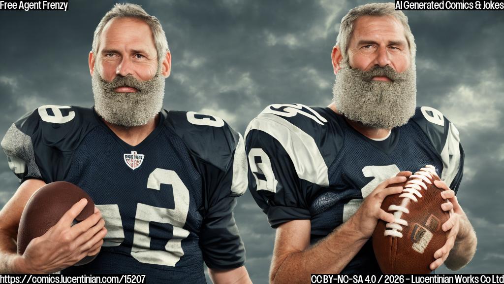 A middle-aged man with a bushy beard and a worn-out football jersey, holding a football helmet in his hands. The background is a dimly lit football stadium with faded goalposts.