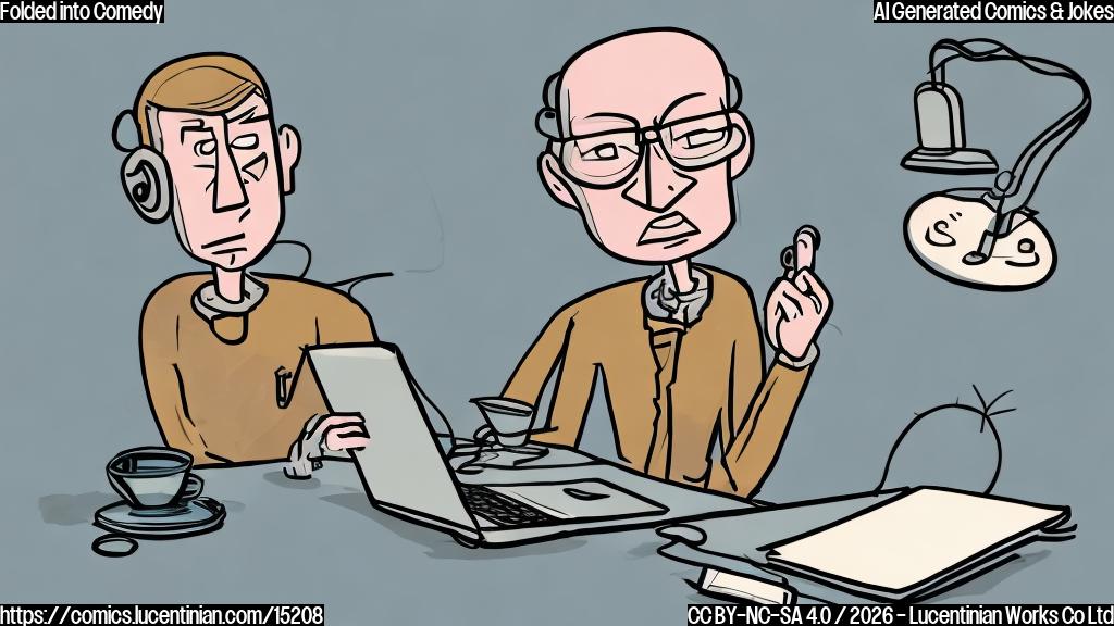 Draw a cartoon-style illustration of a laptop with a human face, showing a worried expression with a few lines and wrinkles on its "screen". The laptop's body should be slightly bent, as if it's being squeezed. Incorporate a therapist's chair in the background with a friendly-looking AI assistant sitting across from the laptop.