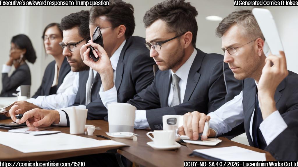 A bland-looking corporate executive sitting at a table, looking uncomfortable, with a phone behind him and two people across from him in the background, both of whom are listening intently to his response. The CEO is dressed in a typical suit and tie, with a slightly puzzled expression on his face.