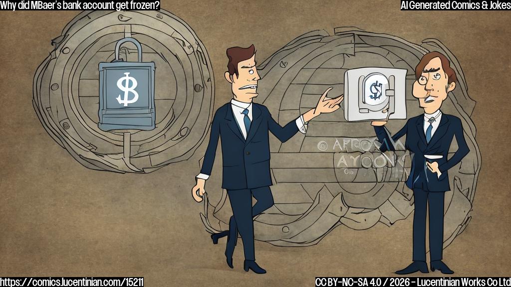 : A cartoon-style image of a banker with a surprised expression, standing in front of a locked vault with a "For Sale" sign on it. The banker is holding a briefcase with a dollar sign symbol on it.