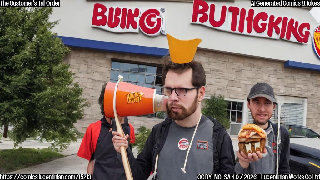 A person with a megaphone standing in front of a Burger King logo, with a ladder leaning against the building behind them. The person should be wearing a determined expression and holding a protest sign that reads "Higher Prices Now!"