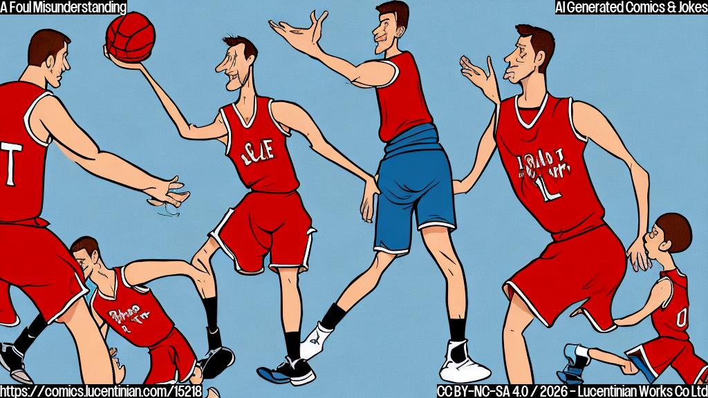 A plain color cartoon style image. On a simple basketball court, a very tall male basketball player with a light blue uniform and a friendly, slightly goofy expression has his arm extended. His hand is in contact with the chest area of a slightly shorter male basketball player in a red uniform. The interaction should be ambiguous, looking like it could be a forceful friendly gesture or an accidental shove. The player in the red uniform looks a bit surprised. Next to them, a male basketball referee in a black and white striped shirt has a thoughtful, slightly confused expression, observing the two players. The colors should be flat and simple.