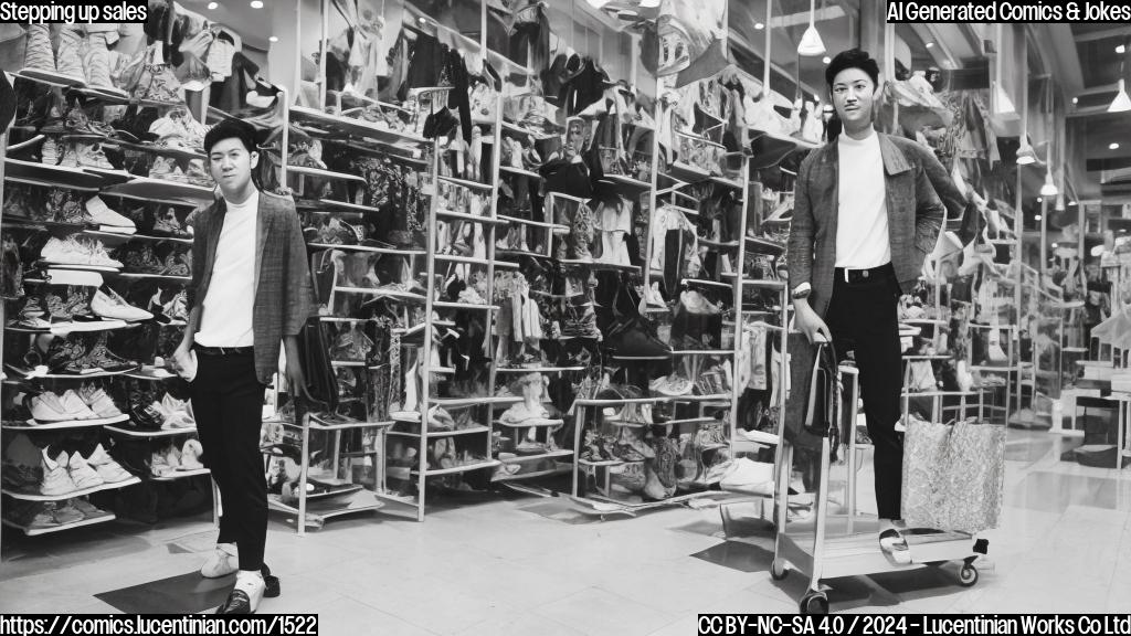 a person, likely in their 30s with a trendy outfit, stands in front of a clothing rack, wearing a pair of stylish shoes and holding a portable ladder; the background is a bustling shopping mall with various stores and customers walking by