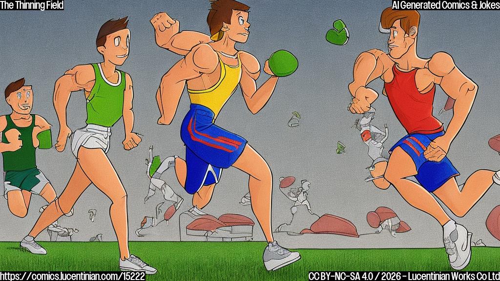 A plain color cartoon style image. On the left, a determined muscular athletic young man with short dark hair, wearing a sleeveless athletic tank top and shorts, is running with high knees on a bright green field. He is the only athlete visible. On the right, a large, mostly empty stadium with simple, solid colored seats, emphasizing the lack of other participants. The stadium is drawn with minimalist, plain colors, suggesting a quiet atmosphere.