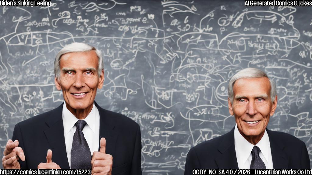 A tall, older man with a serious expression and a hint of a smile is standing in front of a crowd. He has a confident gesture, with one hand on his hip and the other holding a microphone. The background is a simple blackboard with "State of the Union" written in bold letters.