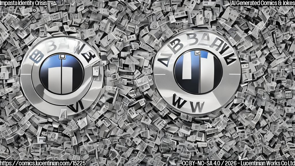 Draw a plain color cartoon style picture of a smiling BMW logo with a confused expression, surrounded by scribbled-out and crossed-out model year numbers (e.g. 2027) on a white background.