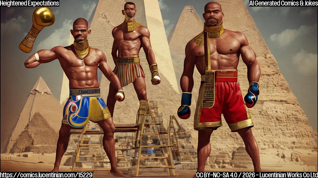 a muscular, anthropomorphic boxer wearing a championship belt around his waist, standing in front of an Egyptian pyramid with a ladder leaning against it, next to a confident, kickboxing-style fighter (with a distinctive mustache) standing confidently in the foreground