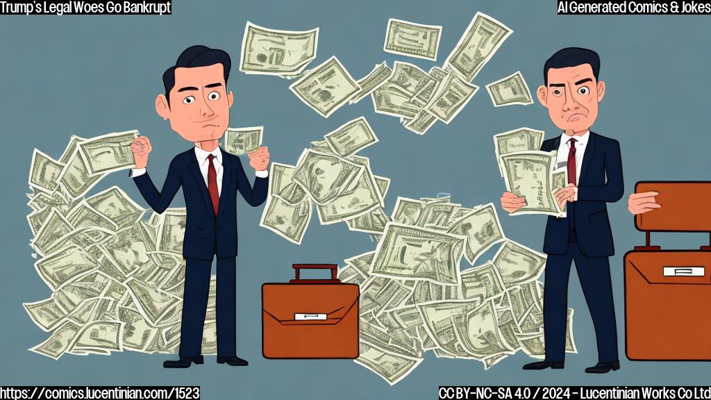 A cartoon of a person in a suit, holding a briefcase and standing next to a money bin with a few dollars spilling out. In the background, there is a picture of a lawyer looking stressed while holding a document. The character should have a somewhat defeated expression on their face.