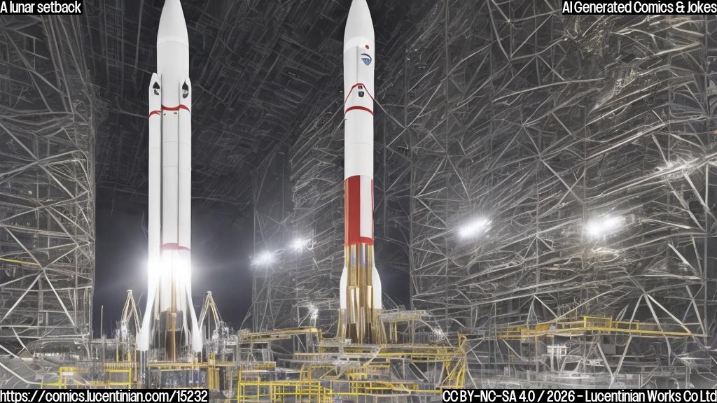 A 322-foot-tall rocket being wheeled away from the launchpad, with a hint of frustration in its metallic expression, standing next to a calendar with an X marked through April
