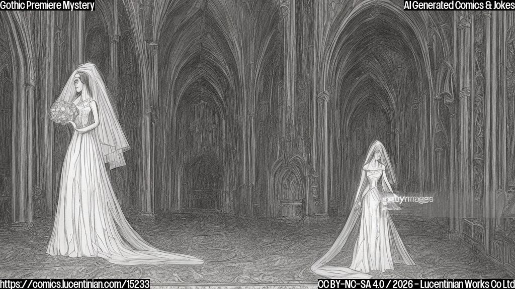 A plain color cartoon of a stylized woman in a long white wedding-like gown with a veil, walking dramatically on a red carpet. She is entering a grand, dark-hued building with exaggerated Gothic architectural features like pointed arches and tall, narrow windows. The scene is set at night, with a mysterious, dimly lit atmosphere. A single spotlight highlights her path on the red carpet.
