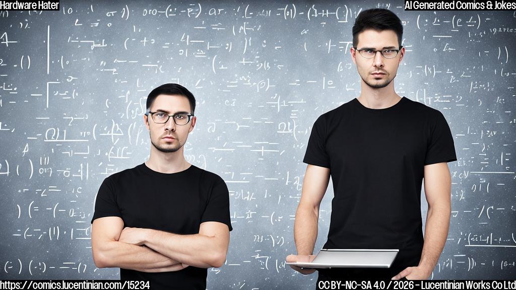 A man with a tablet and a stern expression, wearing a black t-shirt with an "AI" logo on it, sitting in front of a whiteboard filled with complex equations. The background is a subtle gradient of dark blues and greys, representing technology and innovation.