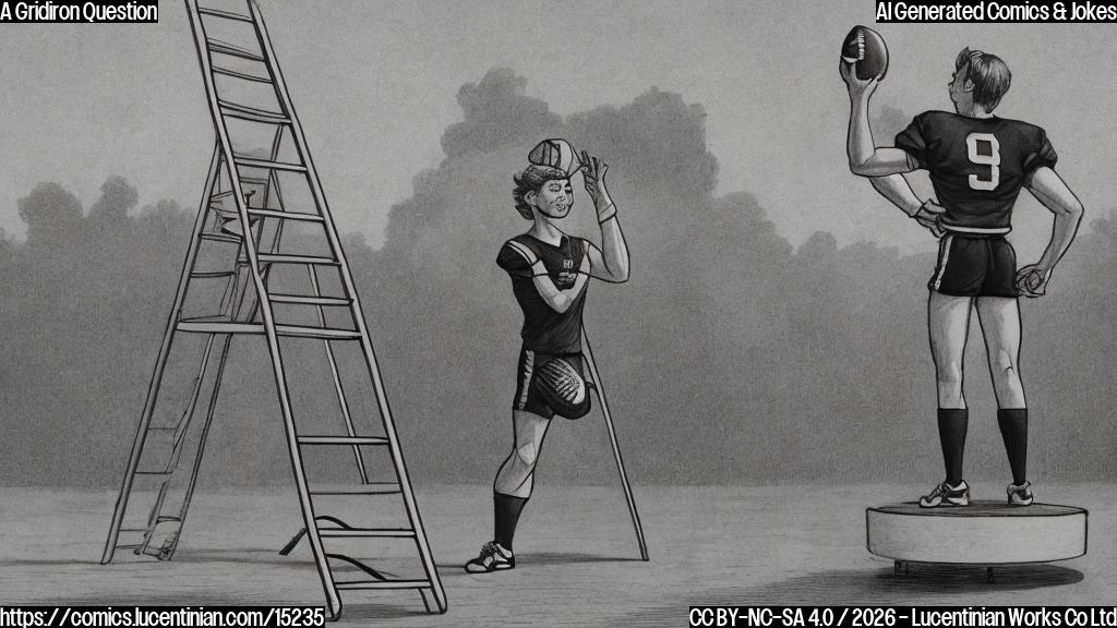 Draw a cartoon of a person in athletic attire, with a ladder behind them, holding a football and standing on a raised platform, with a gridiron pattern in the background.
