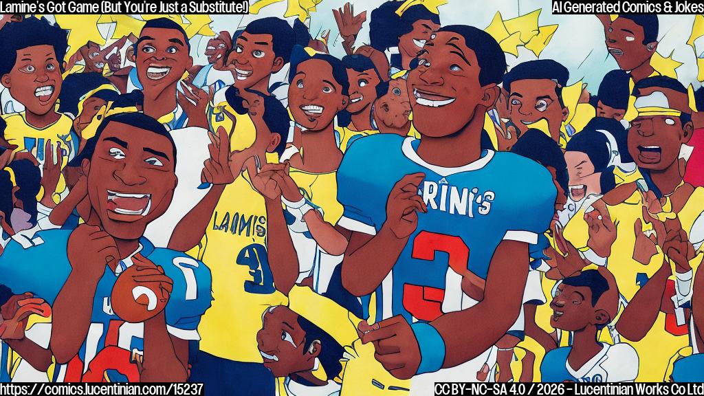 Draw a cartoon of a young football player with a bright smile and a jersey number 8, surrounded by cheering fans, with a confused fan in the background holding a "Lamine's got game" sign, looking unimpressed.