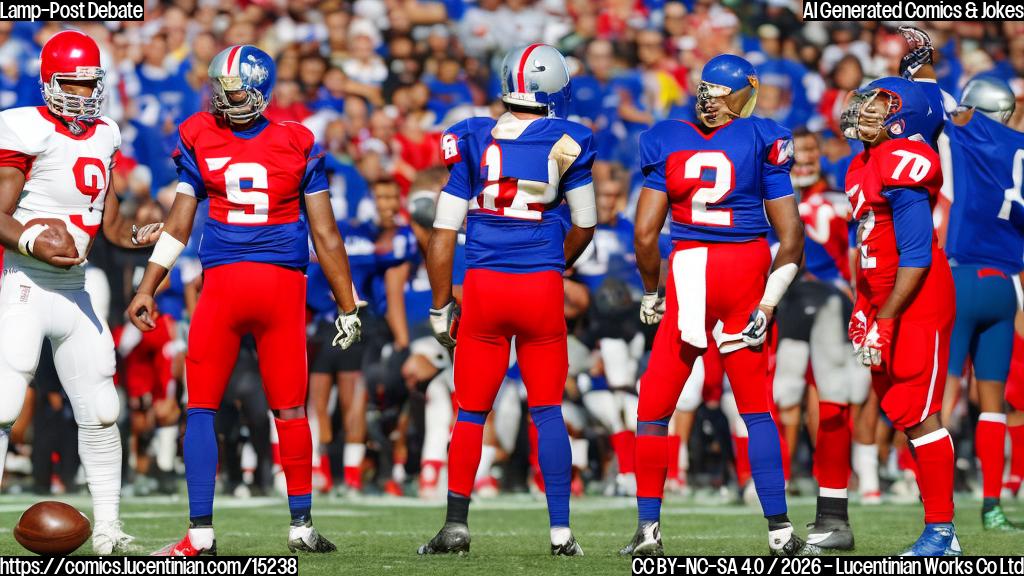 A football player with a tall hat standing next to a shorter football player with a furrowed brow, both looking at each other with a mix of determination and annoyance in their facial expressions. The taller player is wearing a bright red jersey with the number 9 on it, while the shorter player is wearing a blue jersey with the number 12 on it. In the background, there is a large white football field with a few players from different teams visible, all looking focused and intense.