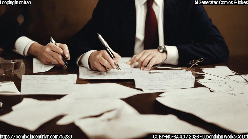 A person sitting at a desk with their hands together, surrounded by papers and pens, looking determined. The person is dressed in a suit and tie, and has a stern expression on their face.