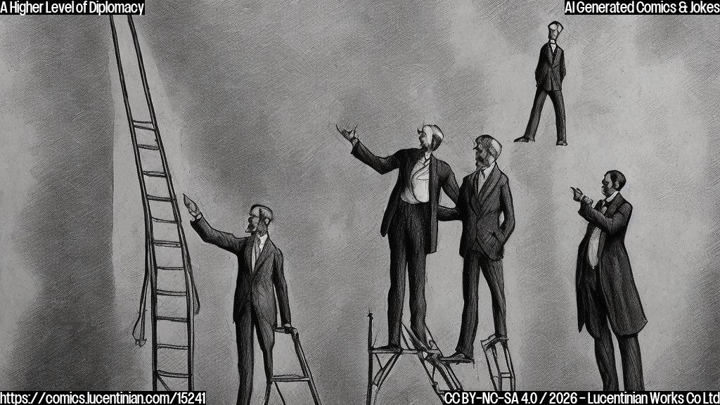 Draw a cartoon style picture of a tall, slender figure (diplomat) standing next to a shorter, more robust figure (Iranian leader), both holding hands and looking up at a high platform or ladder.