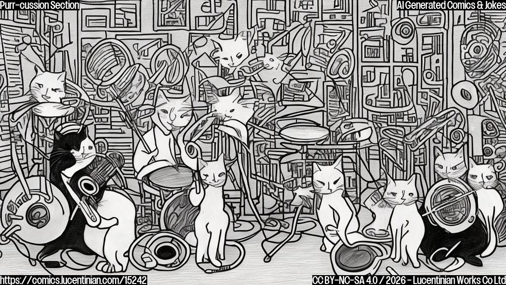 Draw a cartoon-style picture of a group of 3-4 cats wearing headphones and holding musical instruments, with one cat sitting on top of the others to form a percussion setup. The background is a dimly lit jazz club with a cityscape outside the window.