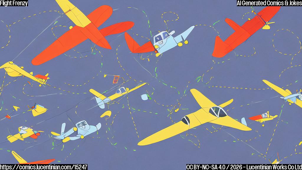 A cartoon-style image of a group of airplanes competing in an obstacle course, with one plane crashing into another, while the FAA is shown holding a pair of scissors in the background, symbolizing the flight cuts.