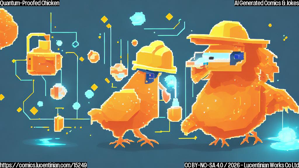 A pixelated illustration of a comedi-hen wearing a tiny hard hat and holding a miniature laptop, with a faint quantum mechanical pattern in the background, surrounded by small snippets of code and HTTPS logos.
