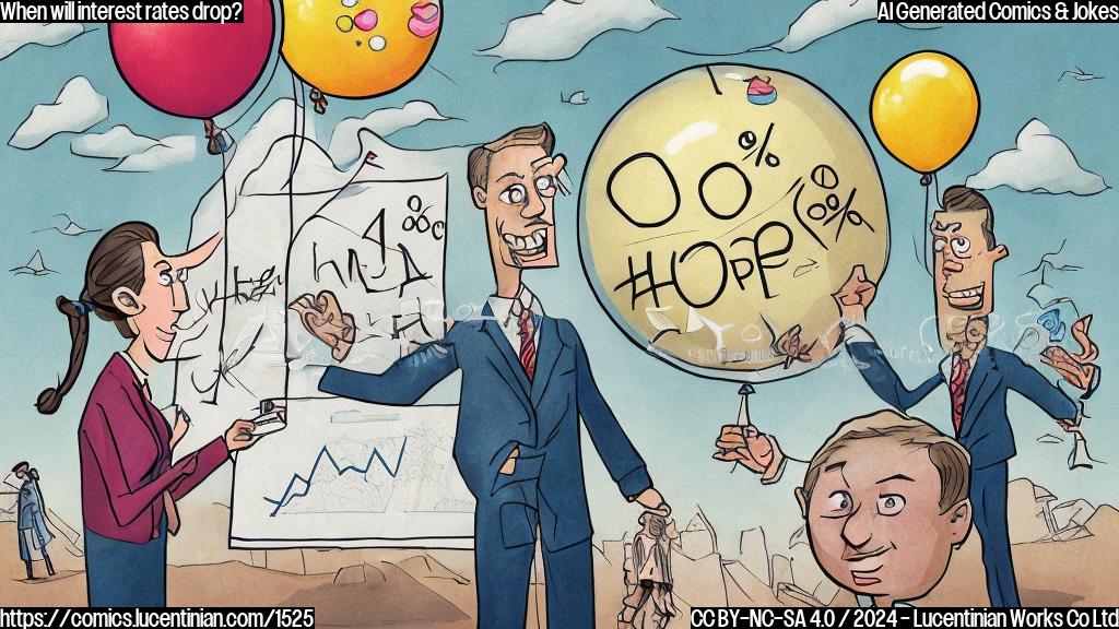 A cartoon style illustration of a person in a suit holding a slide with 0.25% on it, surrounded by charts and graphs with increasing numbers, with a worried expression on their face, while another person in the background is trying to reach for the "hope" balloon that's floating away.